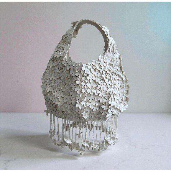 FLORAL White Appliqué Handbag With Beaded Fringe - Picture 1 of 8